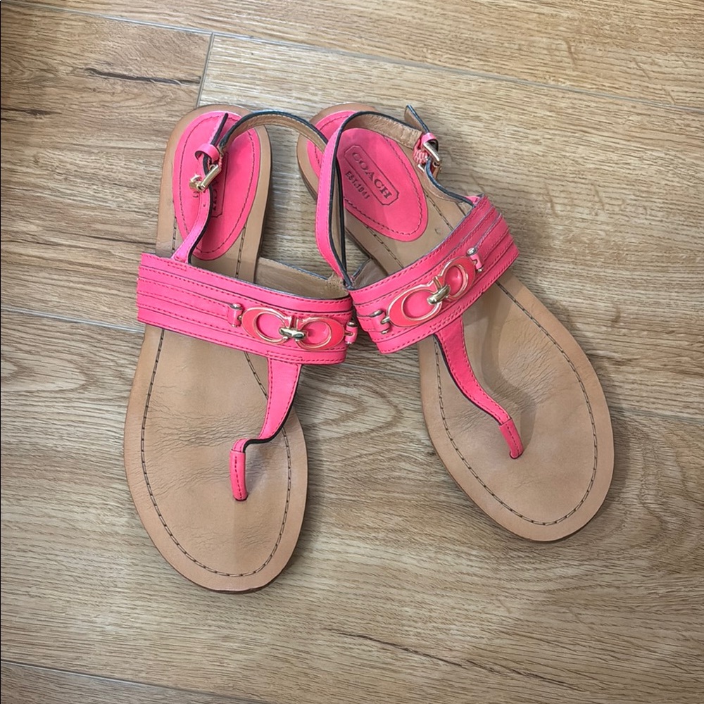 Coach Pink and Tan Thong Sandals with Adjustable Straps